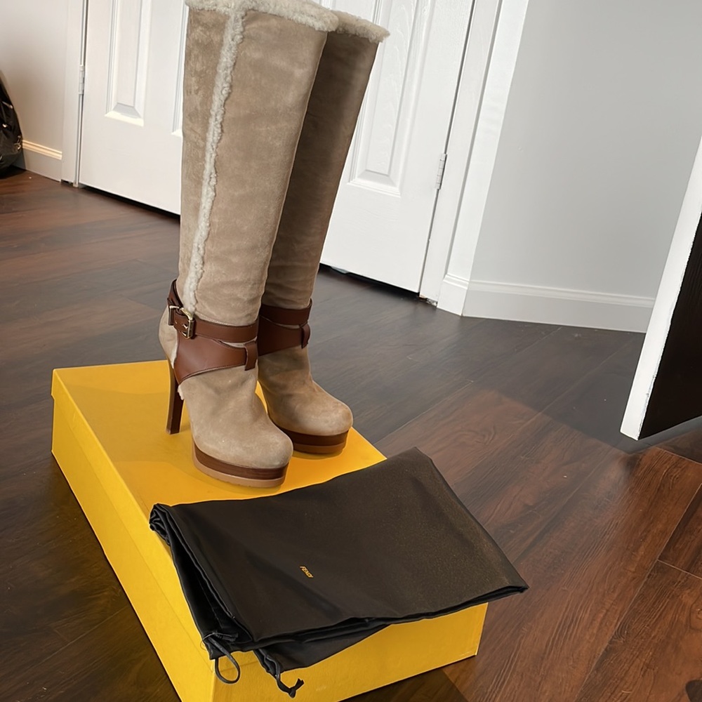 FENDI Taupe Suede and Shearling Trimmed Boots. Gently worn